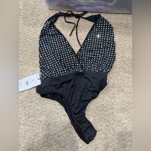 AKIRA Black Halter One-Piece Swimsuit with Silver Square Accents-